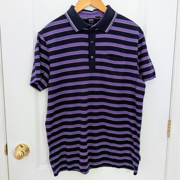 Hugo Boss Purple & Black Striped Polo Shirt – Size M #66 - Picture 1 of 7